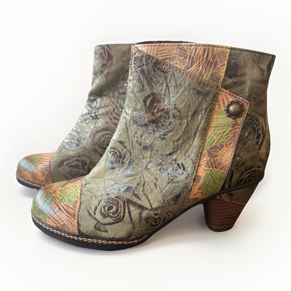 Spring Step Shoes - Spring Step L'Artiste Waterlily  Leather Boots Ankle Green Brown Floral S 7